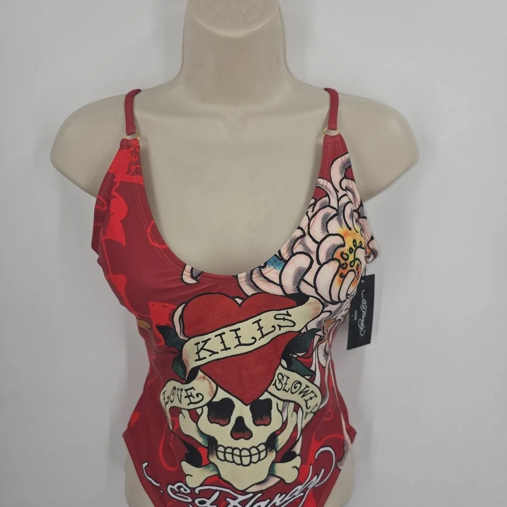 Y2K Ed Hardy Swimsuit Women L Red Love Kills Slowly One‎ Pc Tattoo Skull Graphic